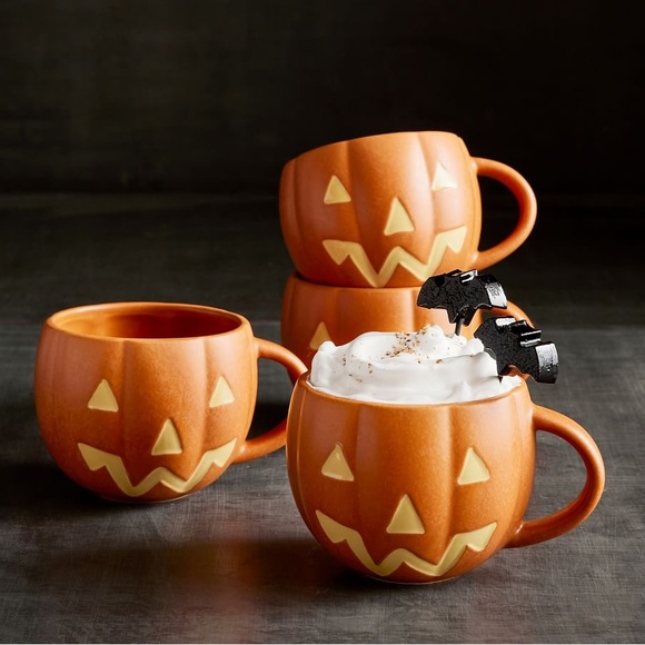 Pottery Barn Orange Pumpkin Shaped Jack O'Lantern Stoneware Mugs - Set of 4 🎃